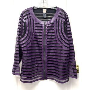 Chicos Jacket Purple Faux Leather Black Mesh Striped Full Zip Size 16/18